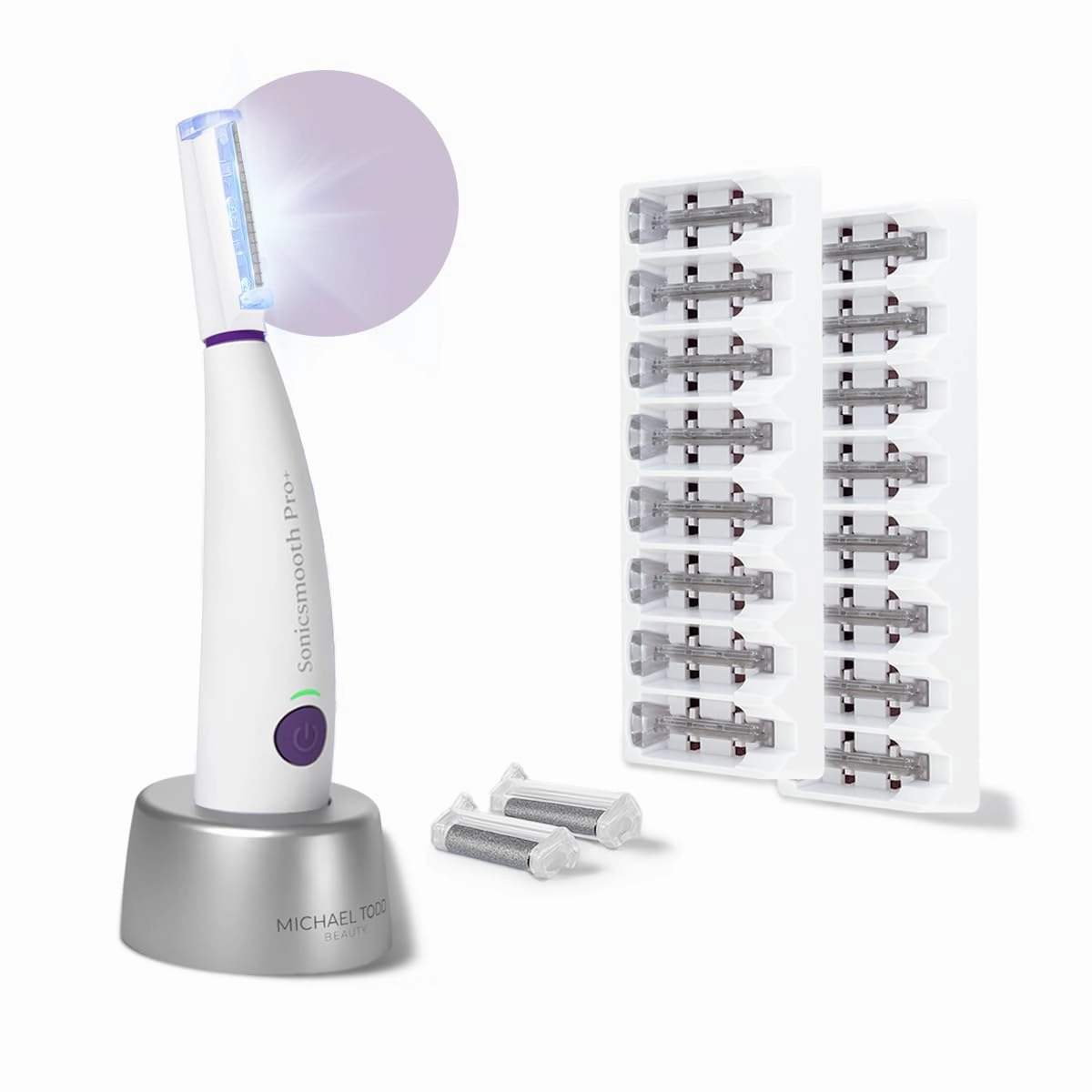 Michael Todd Beauty Sonicsmooth Pro  Dermaplane Razor for Women Face   Eyebrow trimmer Dermaplaning System w/LED Light Peach Fuzz Remover -16 Dermaplaning Blades & 2 Microsmooth Exfoliation Tips