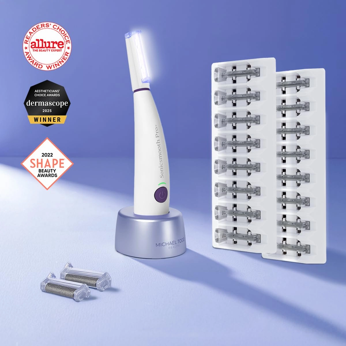 Michael Todd Beauty Sonicsmooth Pro  Dermaplane Razor for Women Face   Eyebrow trimmer Dermaplaning System w/LED Light Peach Fuzz Remover -16 Dermaplaning Blades & 2 Microsmooth Exfoliation Tips