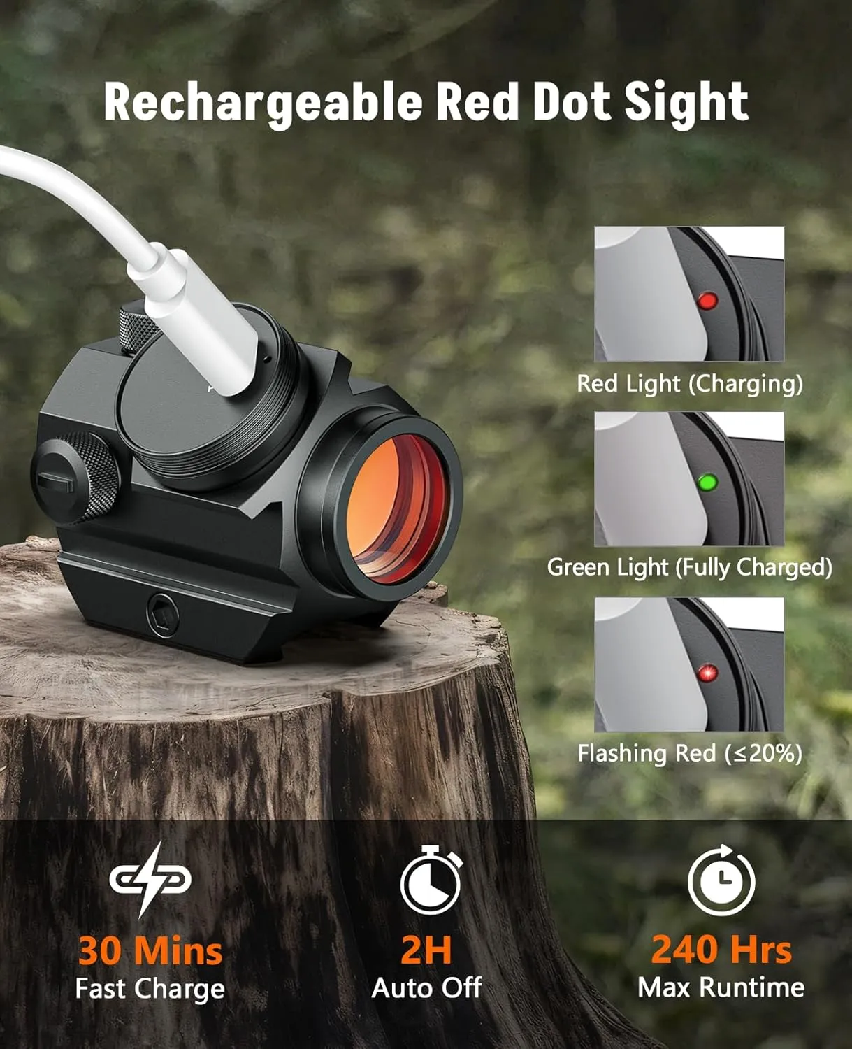 MidTen Rechargeable Red Dot Sight, 1x20mm 2 MOA Red Dot, Waterproof & Shockproof & Fog-Proof Chargeable Red Dot Scope with Lower 1/3 Co-Witness Riser