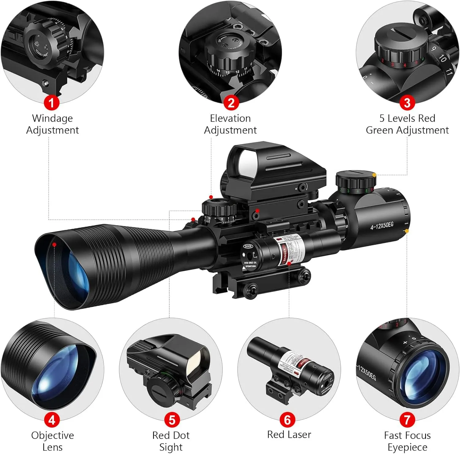 MidTen Riflescope Combo 4-12x50EG Dual Illuminated Optics & IIIA/2MW Laser Sight & 4 Holographic Reticle Red/Green Dot Sight & 20mm Scope Mount