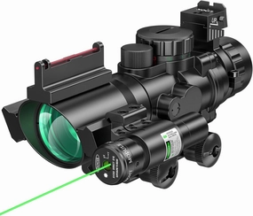 MidTen 4x32 Prism Tactical Rifle Scope Red & Green & Blue Illuminated Reticle Hunting Guns Scope with Mount for 20mm Rail and Fiber Optic Sight and IIIA/2MW Laser Sight