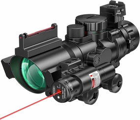 MidTen 4x32 Prism Tactical Rifle Scope Red & Green & Blue Illuminated Reticle Hunting Guns Scope with Mount for 20mm Rail and Fiber Optic Sight and IIIA/2MW Laser Sight