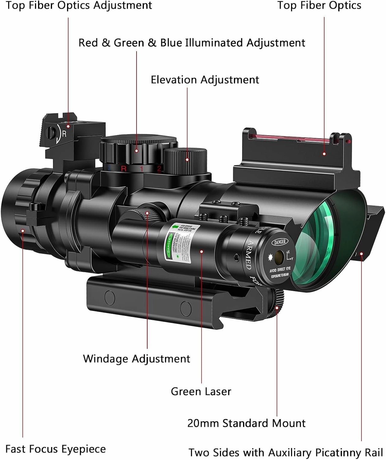 MidTen 4x32 Prism Tactical Rifle Scope Red & Green & Blue Illuminated Reticle Hunting Guns Scope with Mount for 20mm Rail and Fiber Optic Sight and IIIA/2MW Laser Sight