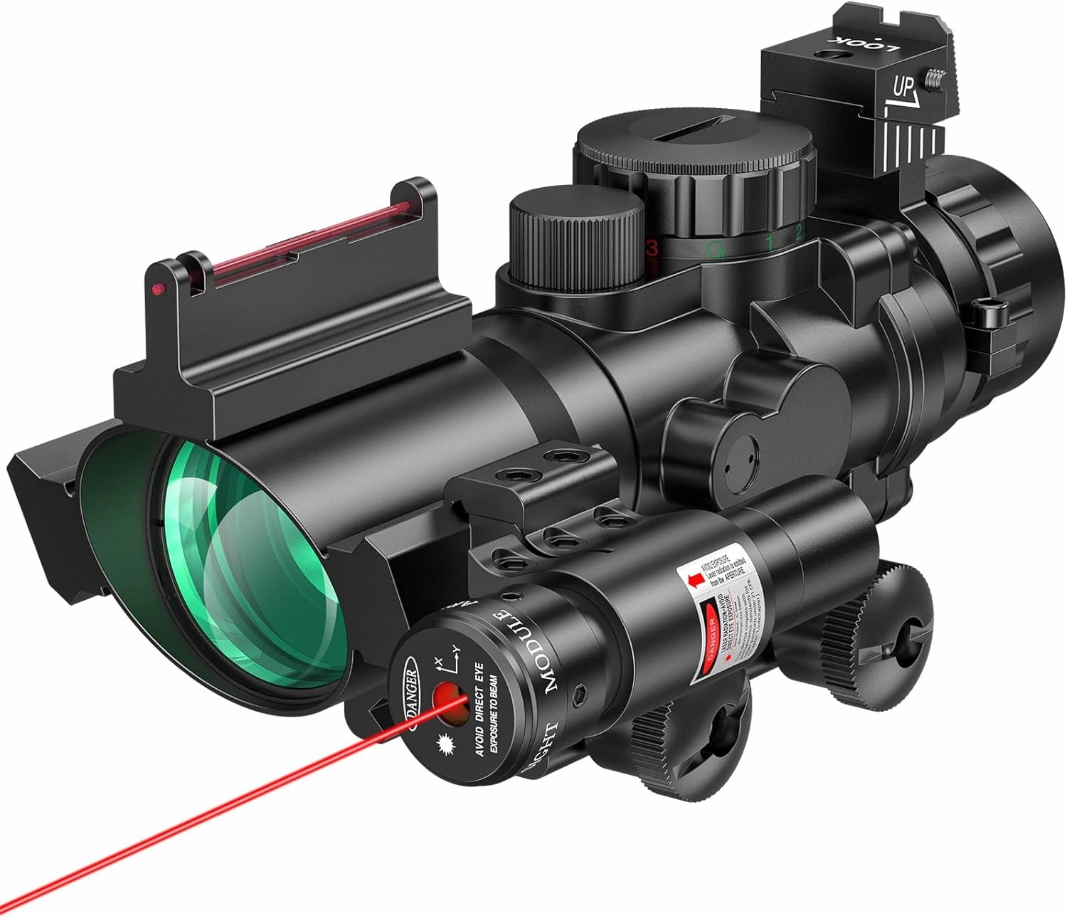 MidTen 4x32 Prism Tactical Rifle Scope Red & Green & Blue Illuminated Reticle Hunting Guns Scope with Mount for 20mm Rail and Fiber Optic Sight and IIIA/2MW Laser Sight