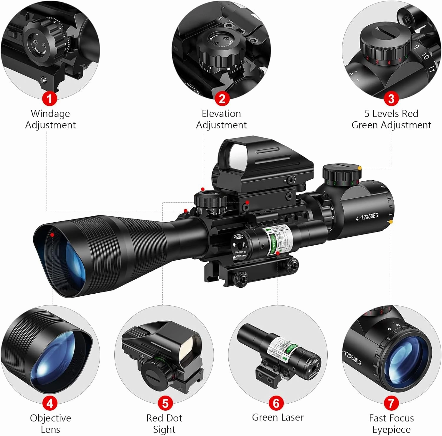MidTen Riflescope Combo 4-12x50EG Dual Illuminated Optics & IIIA/2MW Laser Sight & 4 Holographic Reticle Red/Green Dot Sight & 20mm Scope Mount