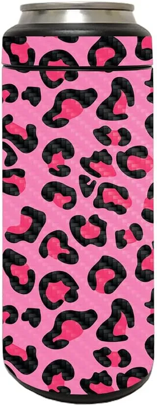 MightySkins Carbon Fiber Skin Compatible with YETI Rambler 12 OZ Colster Slim Can - Pink Leopard | Protective, Durable Textured Carbon Fiber Finish | Easy to Apply and Change Styles | Made in The USA