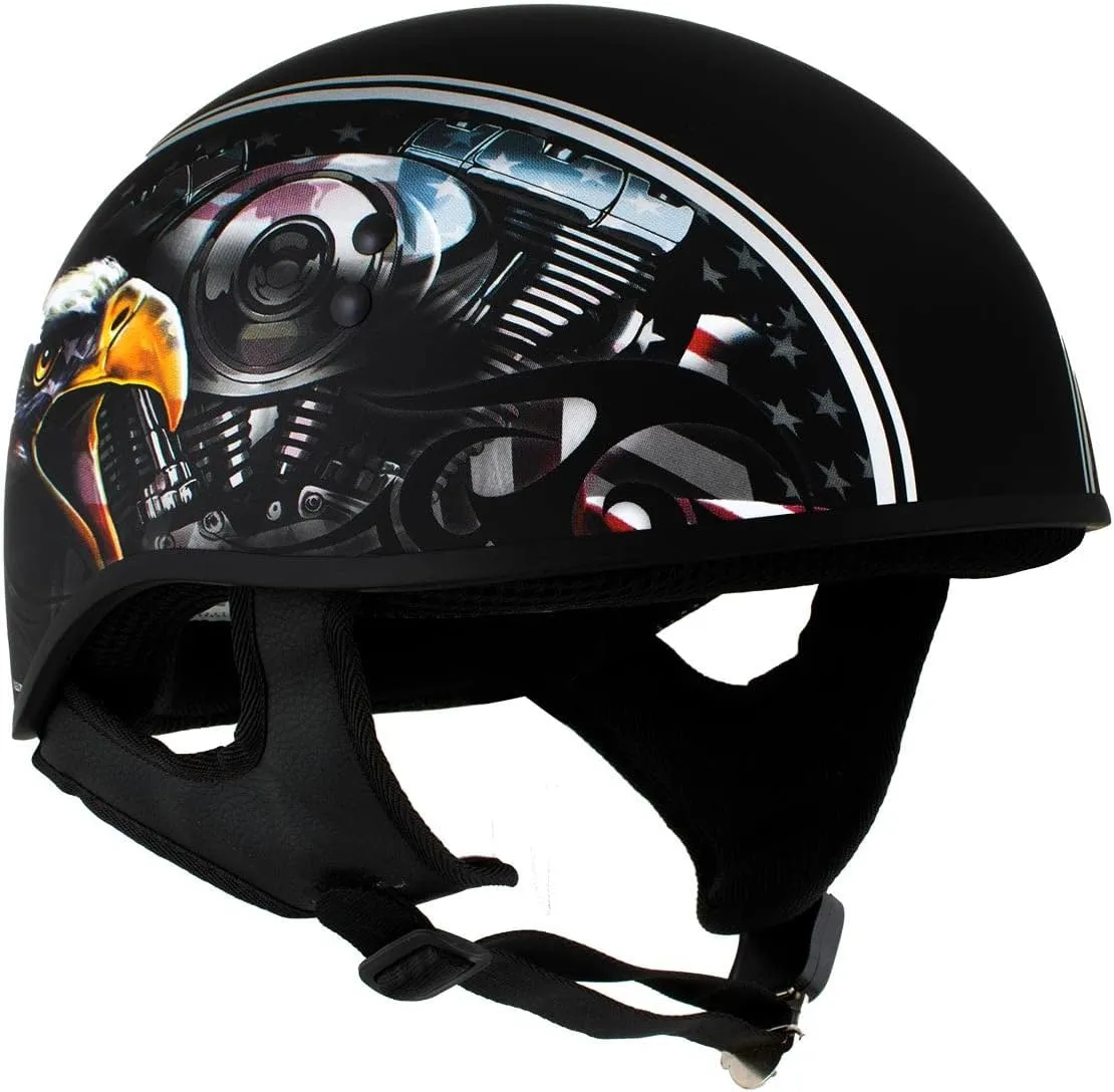 Milwaukee Leather Hot Leathers HLD1023 'V-Twin Eagle' Flat Black Motorcycle DOT Skull Cap Half Helmet for Men and Women Biker - X-Large