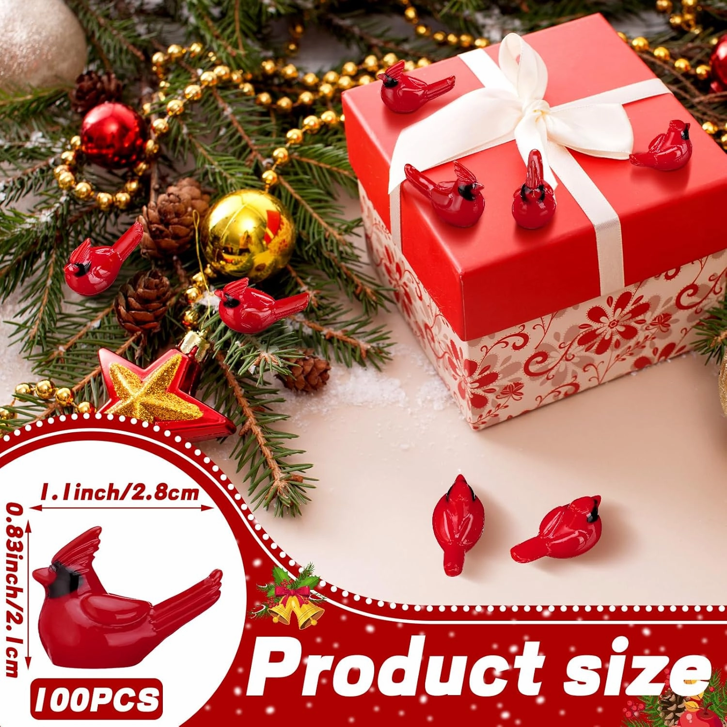 Mini Resin Red Cardinal Bird Figurines Tiny Cardinal Figurine Christmas Ornaments for Gift Xmas Miniature Garden Crafts Cake Topper Christmas Decoration(100 Pcs)