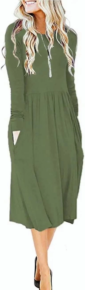 MISFAY Women's Long Sleeve Midi Dress Loose Casual Empire Waist Dresses with Pockets