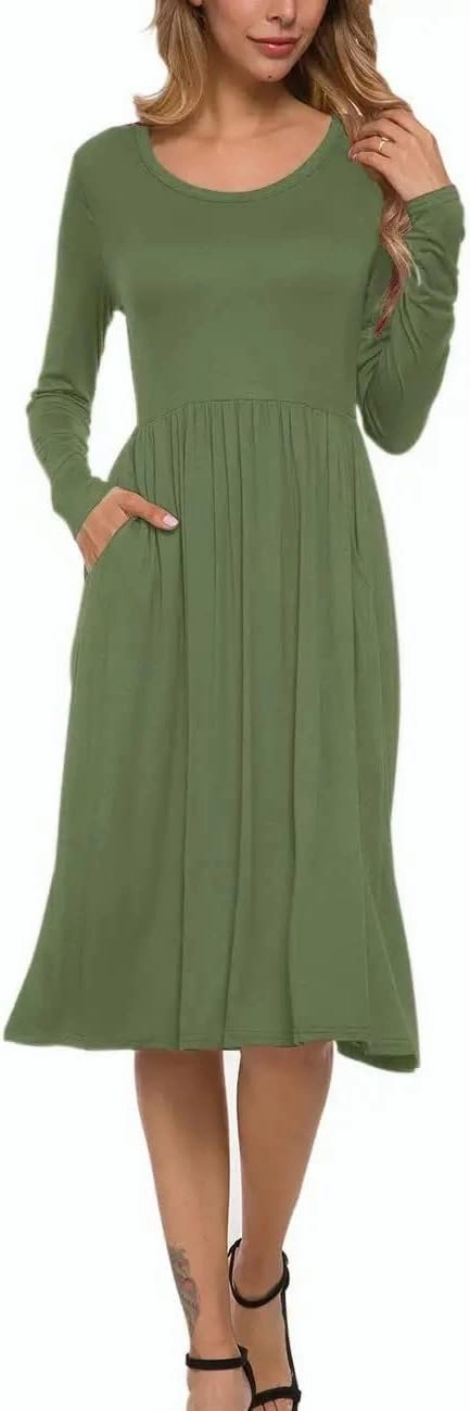 MISFAY Women's Long Sleeve Midi Dress Loose Casual Empire Waist Dresses with Pockets