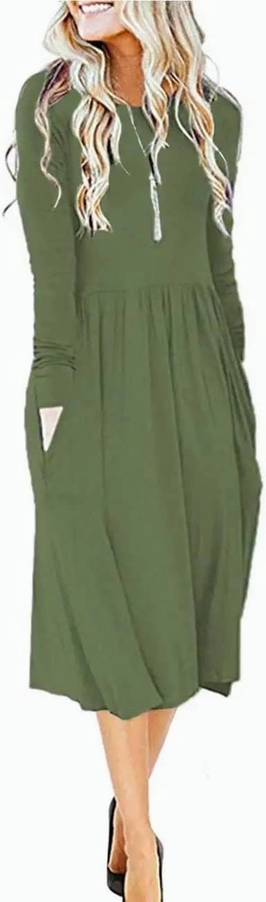 MISFAY Women's Long Sleeve Midi Dress Loose Casual Empire Waist Dresses with Pockets
