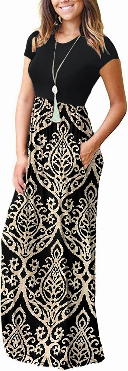 MISFAY Women Short Sleeve Loose Plain Maxi Dresses Casual Long Dresses Pockets