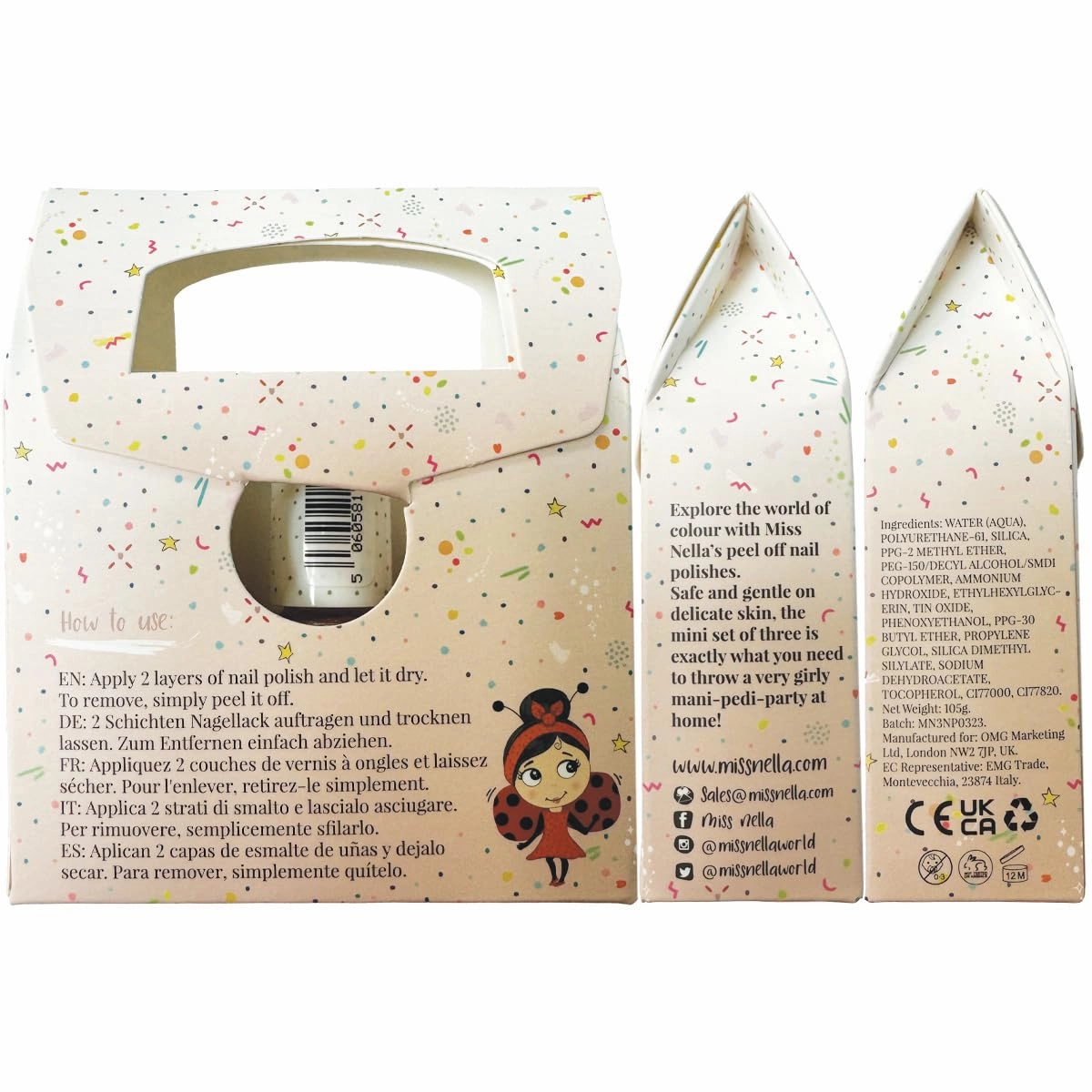 MISS NELLA CHRISTMAS SPARKLE- Peel Off, Odour Free, Water Base & Safe for kids nail polish pack of 3- green (glitter), red & gold (glitter)