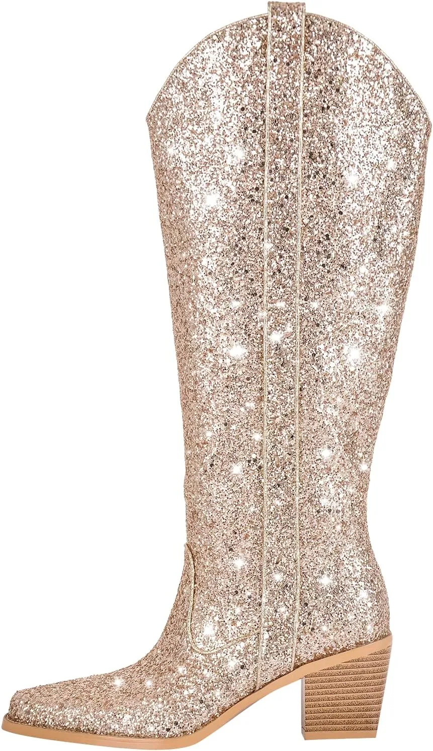 MissHeel Sparkly Glitter Boots Chunky Heels Mid Calf Boots