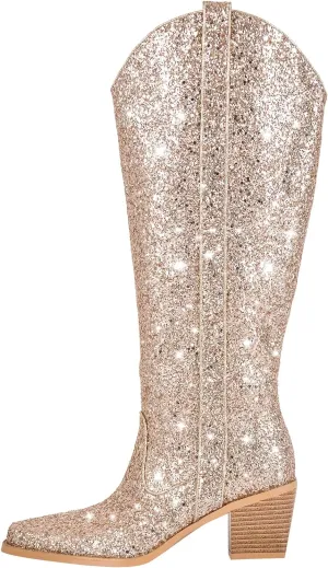 MissHeel Sparkly Glitter Boots Chunky Heels Mid Calf Boots