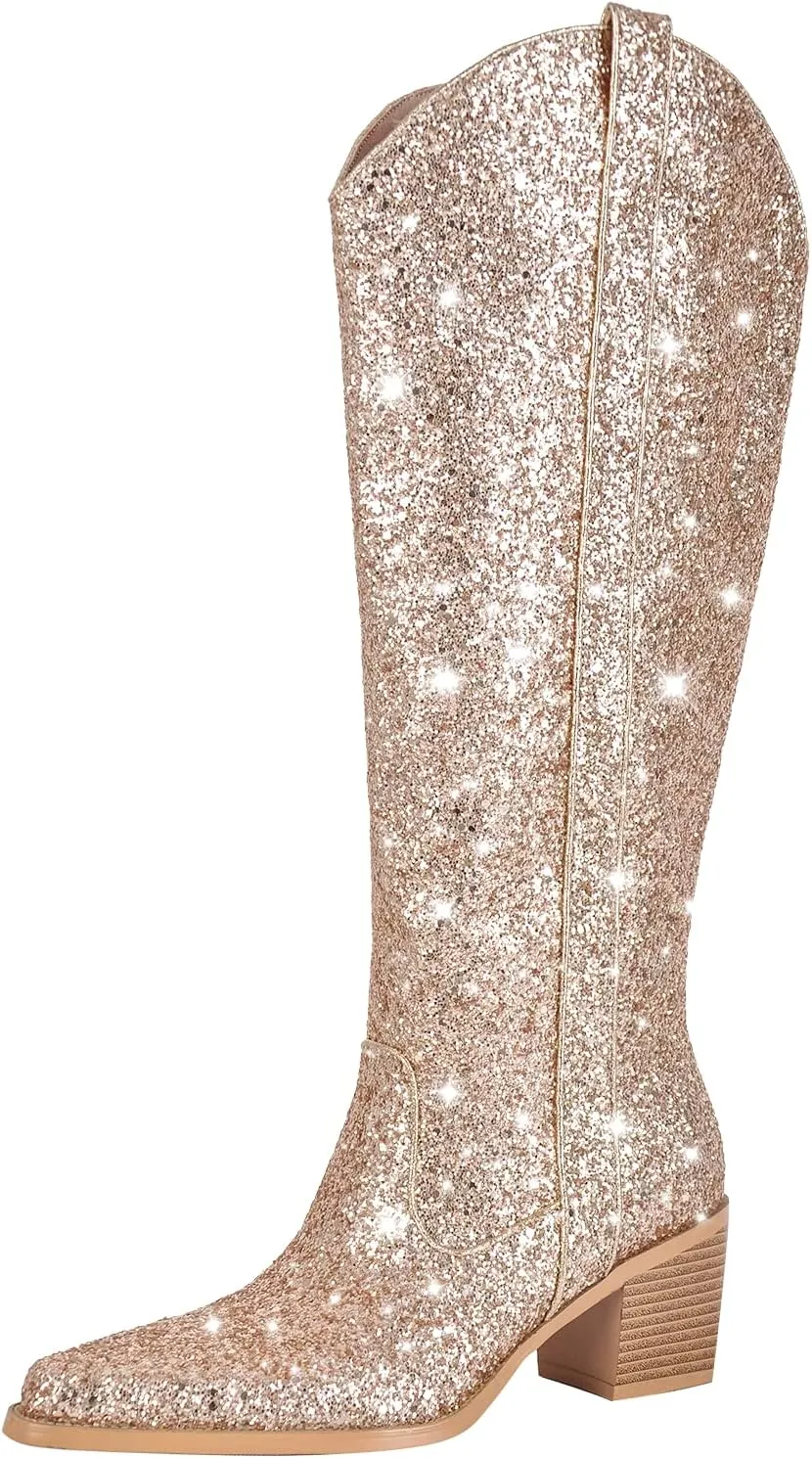 MissHeel Sparkly Glitter Boots Chunky Heels Mid Calf Boots