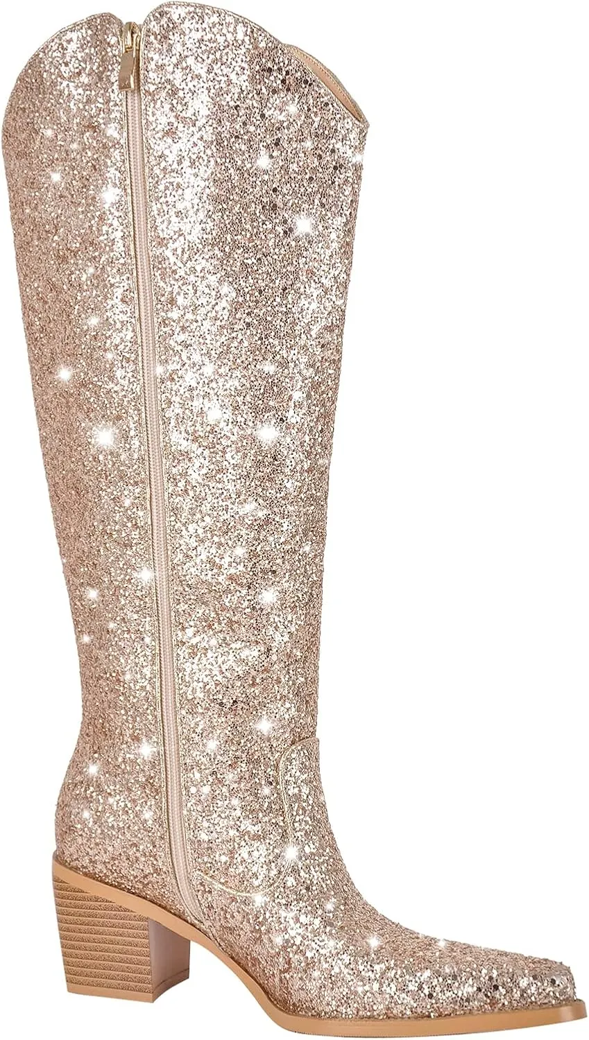 MissHeel Sparkly Glitter Boots Chunky Heels Mid Calf Boots