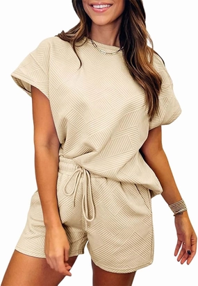 Miyaomn Trendy Waffle Lounge Set for Women Textured Short Sleeve Top and Shorts 2 Piece Tracksuit Outfit Pajamas with Pockets
