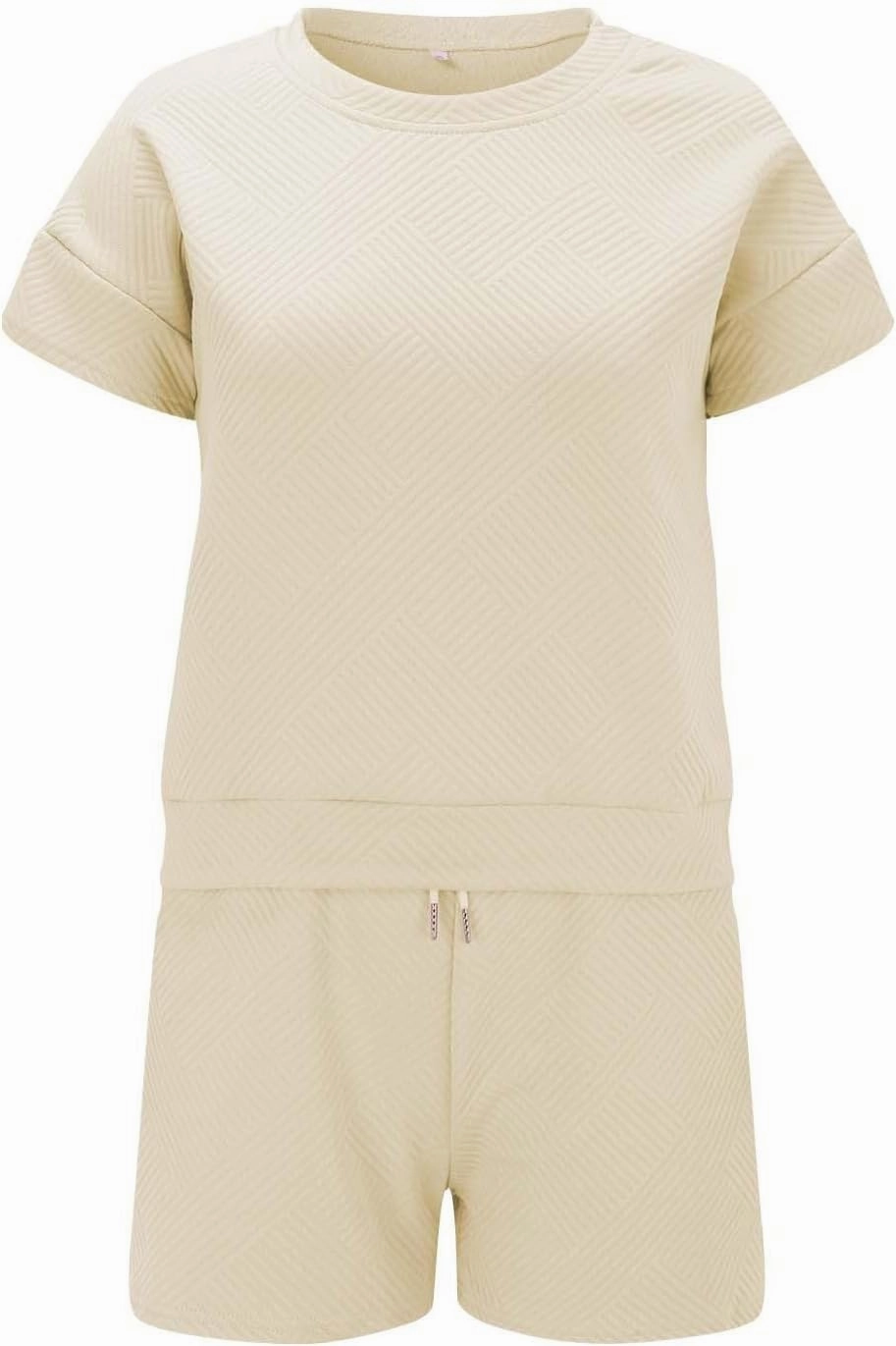 Miyaomn Trendy Waffle Lounge Set for Women Textured Short Sleeve Top and Shorts 2 Piece Tracksuit Outfit Pajamas with Pockets