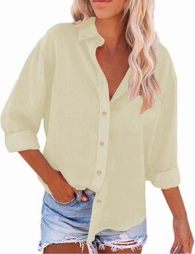 Miyaomn Women's Linen Button Down Shirts Casual Solid Long Sleeve Dress Shirt Spring Fall Loose Fit V Neck Lapel Blouses Tops