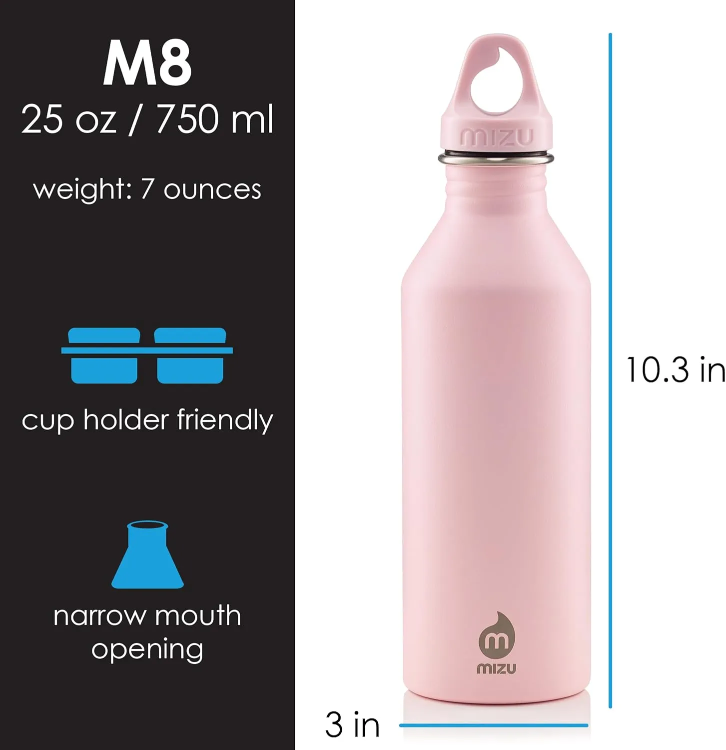Mizu M8 - 25 oz. Single Wall Narrow Mouth Stainless Steel Bottle with Loop Cap, soft pink, One Size
