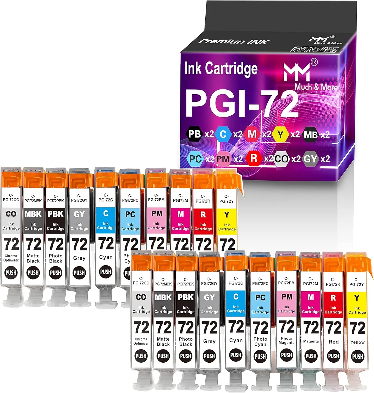 MM MUCH & MORE Compatible PGI72 Ink Cartridge Replacement for Canon PGI72 PGI-72 to Used for Pixma Pro-10s Pro-10 Pro10s Pro10 Series Printers (20-Pack, 2 x Each PBK, MBK, C, M, Y, PC, PM, R, GY, CO)