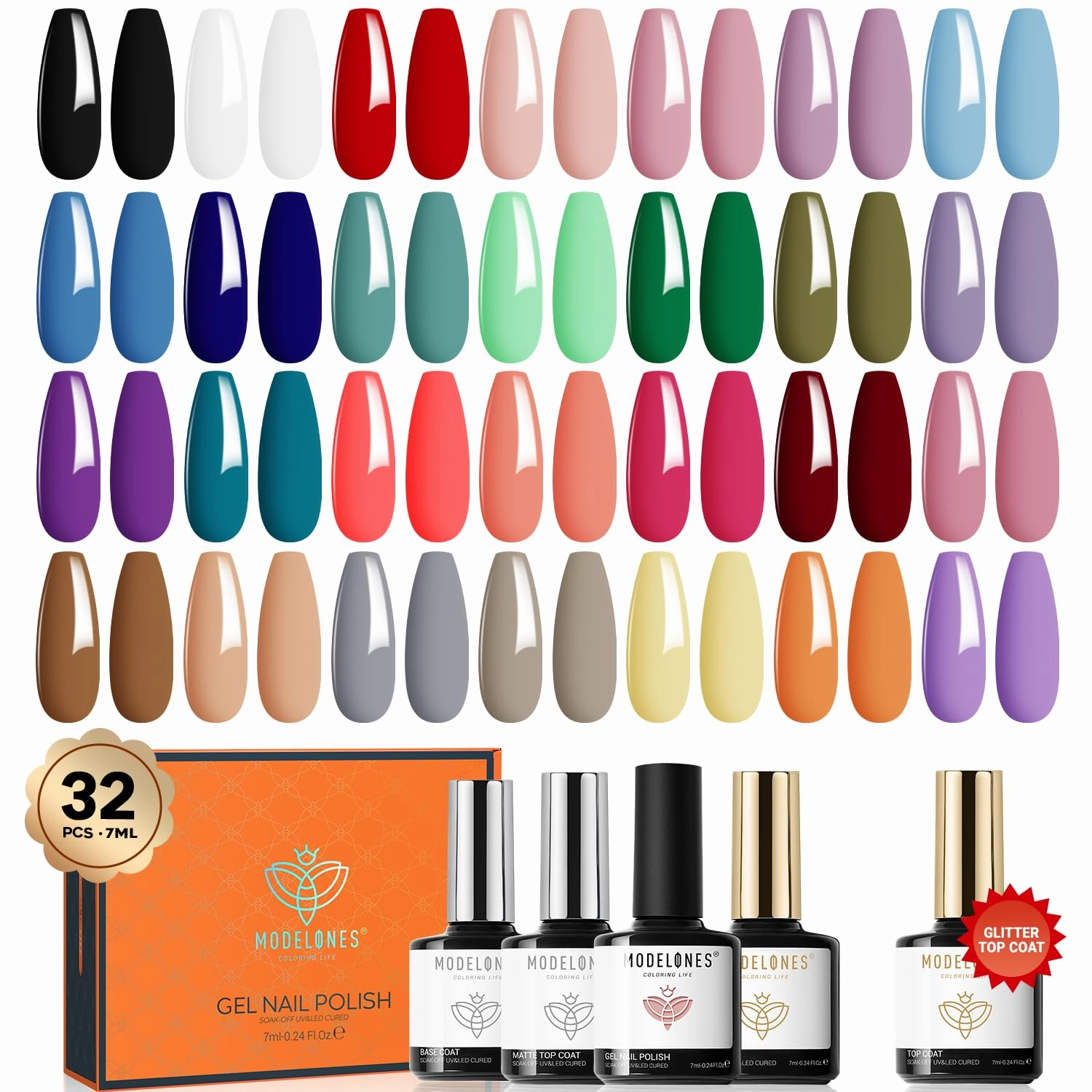 modelones 32 PCS Gel Nail Polish Set, 28 Colors Gel Polish with No Wipe Base Coat, Glitter & Glossy & Matte Top Coat Black Brown Red Purple Soak Off LED Nail Art Kit Salon at Home
