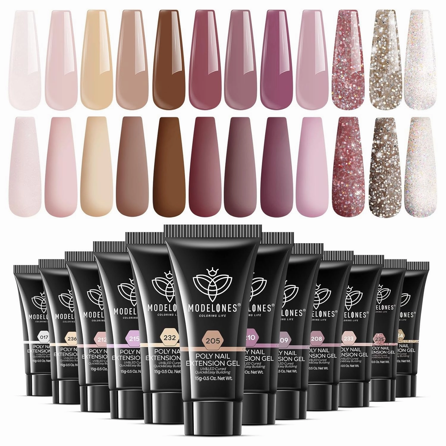 modelones Poly Extension Gel Kit for Nail, 12 Colors Pink Glitter Nude Tones Poly Nail Gel Set French Manicure DIY Design Art Home Salon Gifts