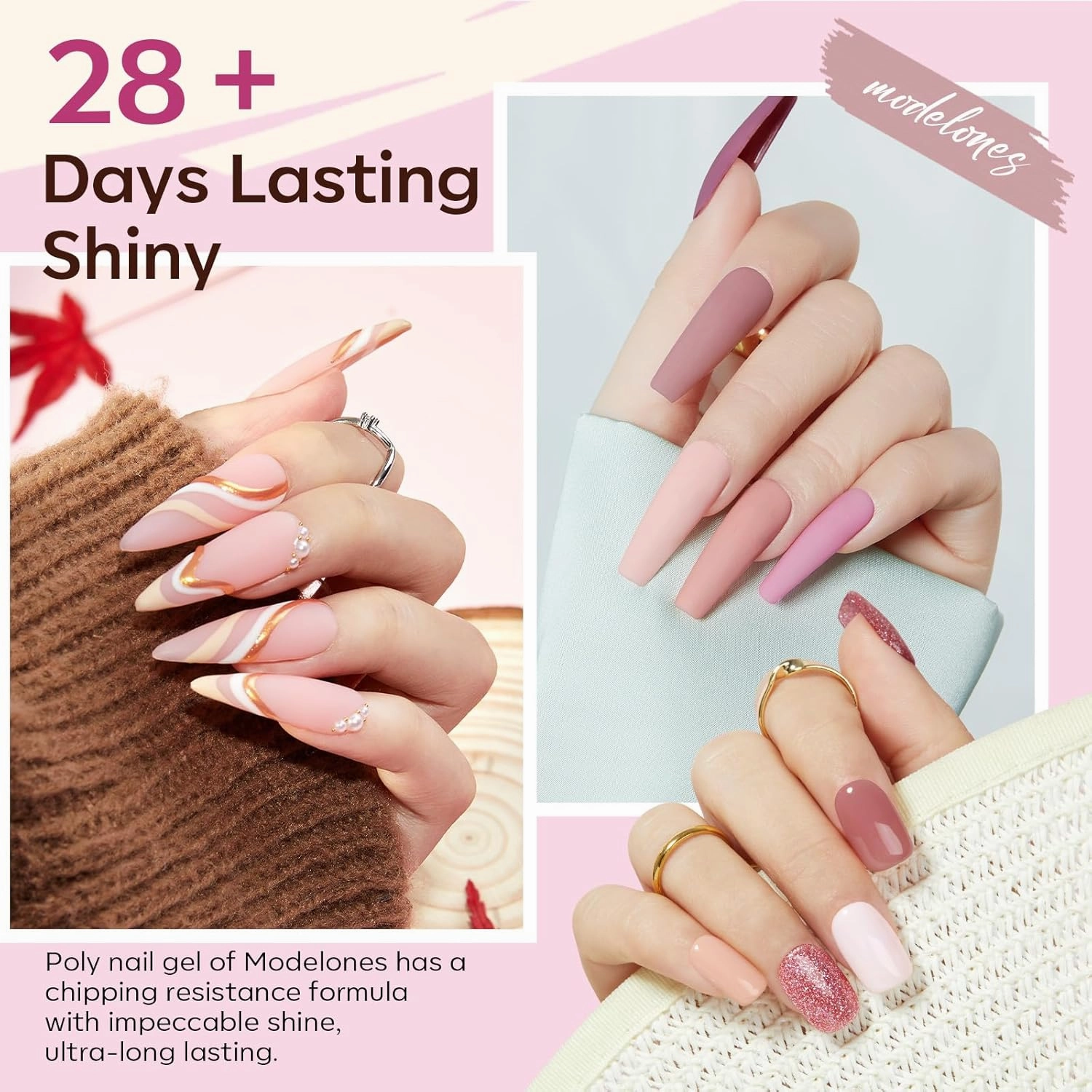modelones Poly Extension Gel Kit for Nail, 12 Colors Pink Glitter Nude Tones Poly Nail Gel Set French Manicure DIY Design Art Home Salon Gifts