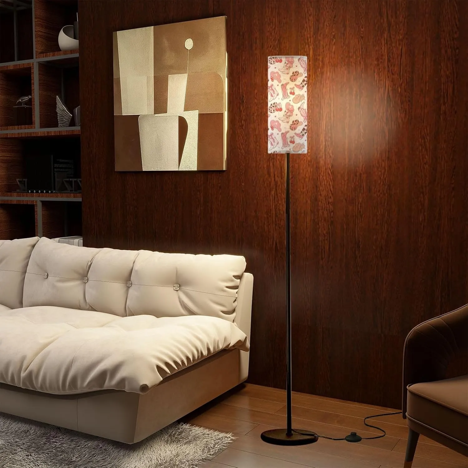 Modern Standing Lamps Coquette Pink Cowgirl Boots hat Seamless Girly Paper White Floor Lamp Metal Pole Lamp with Linen Lampshade for Bedroom Living Room Office Nursery Reading Foot Switch
