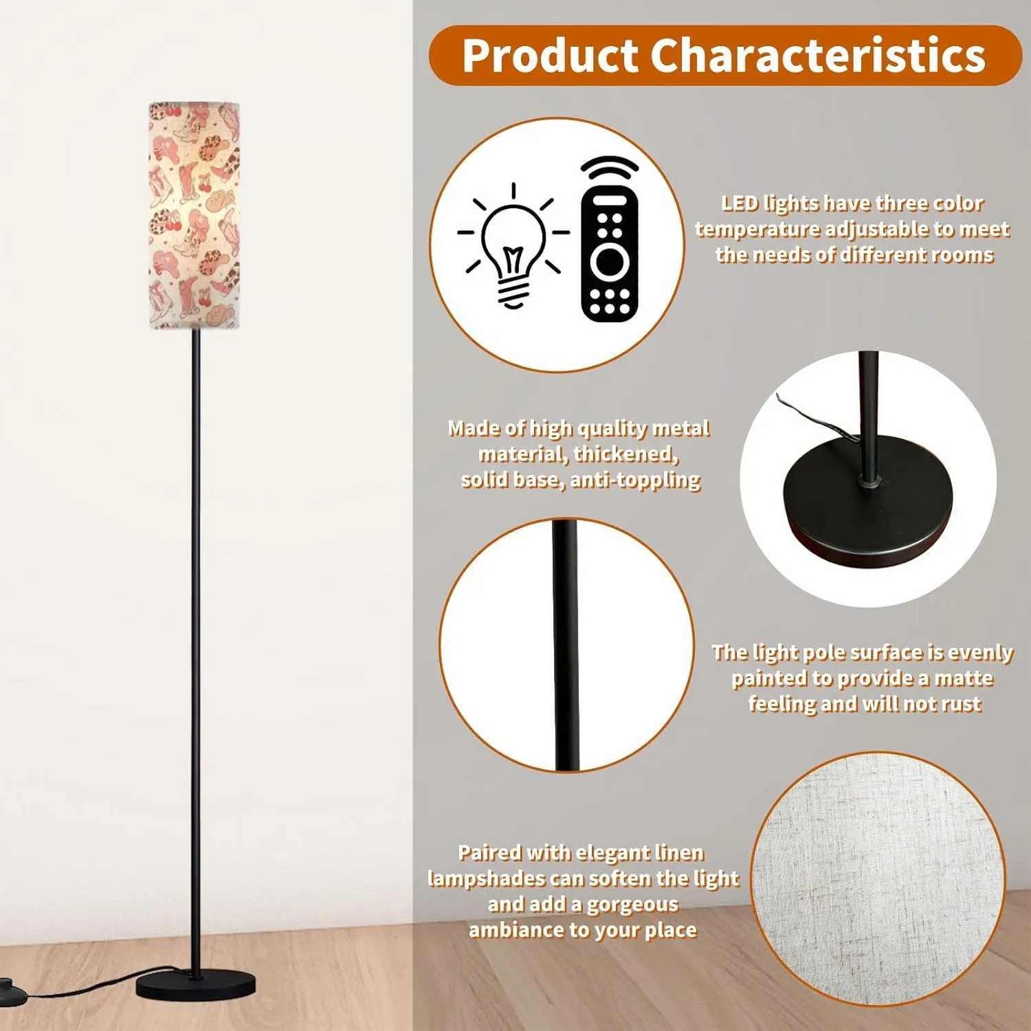 Modern Standing Lamps Coquette Pink Cowgirl Boots hat Seamless Girly Paper White Floor Lamp Metal Pole Lamp with Linen Lampshade for Bedroom Living Room Office Nursery Reading Foot Switch