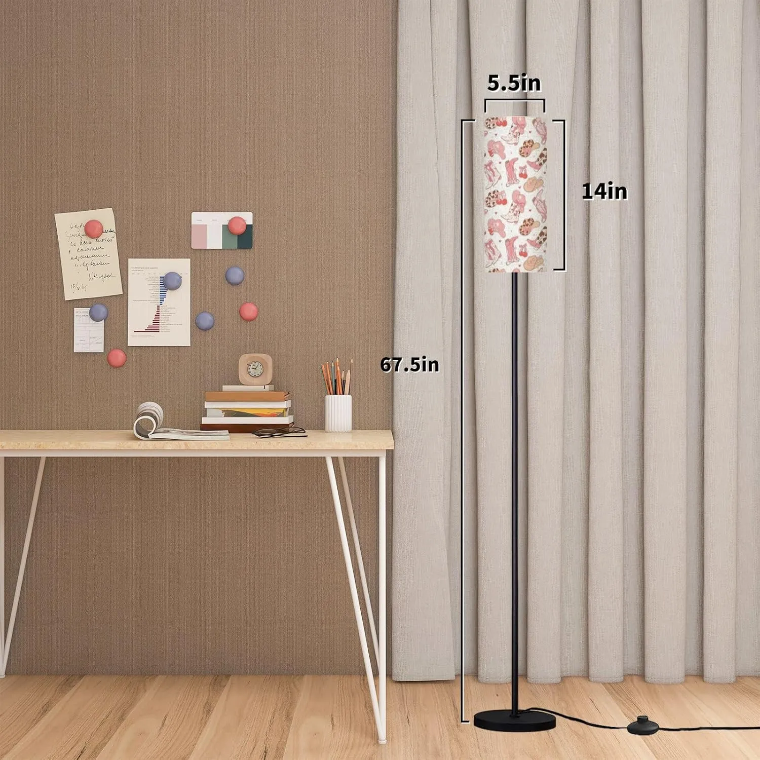 Modern Standing Lamps Coquette Pink Cowgirl Boots hat Seamless Girly Paper White Floor Lamp Metal Pole Lamp with Linen Lampshade for Bedroom Living Room Office Nursery Reading Foot Switch