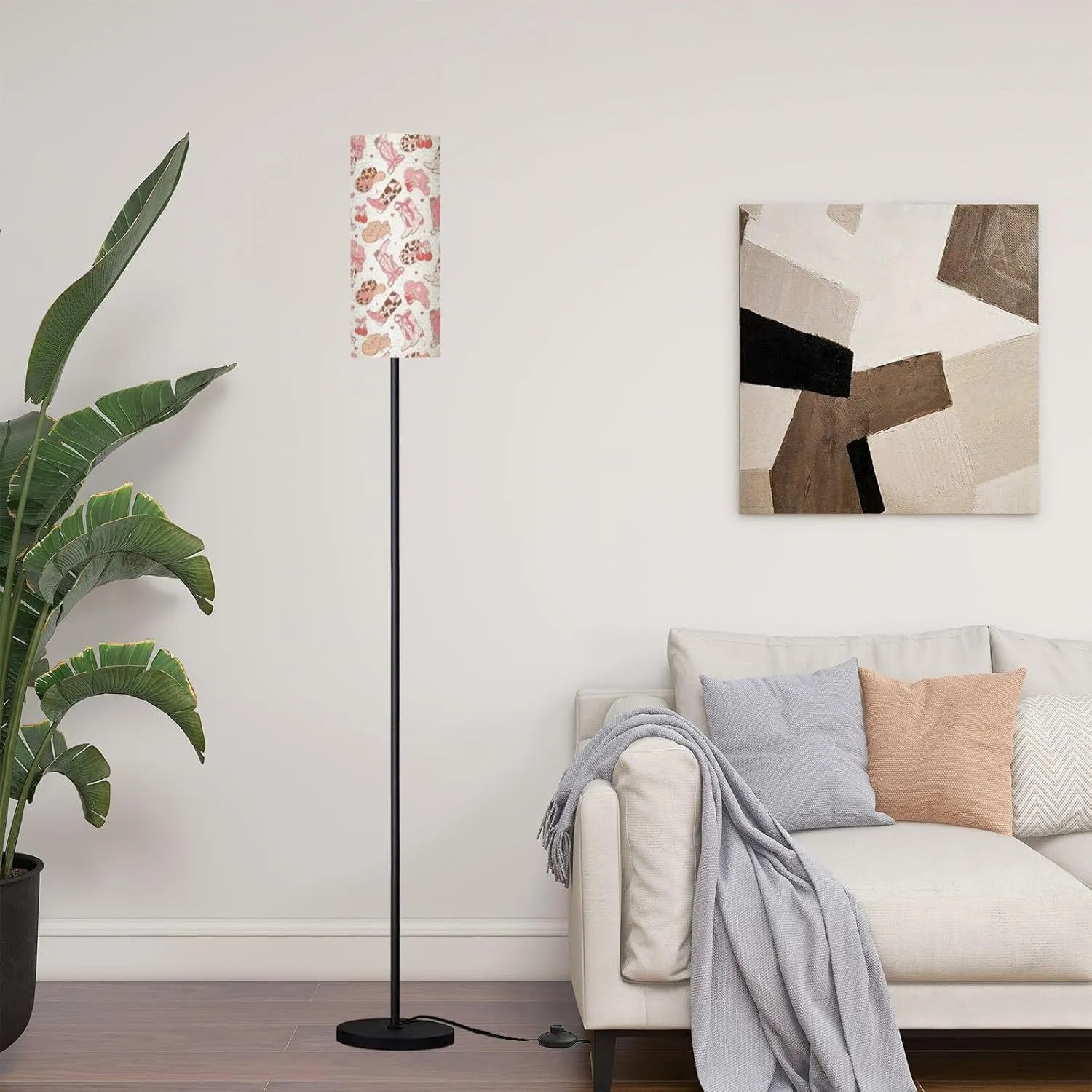 Modern Standing Lamps Coquette Pink Cowgirl Boots hat Seamless Girly Paper White Floor Lamp Metal Pole Lamp with Linen Lampshade for Bedroom Living Room Office Nursery Reading Foot Switch