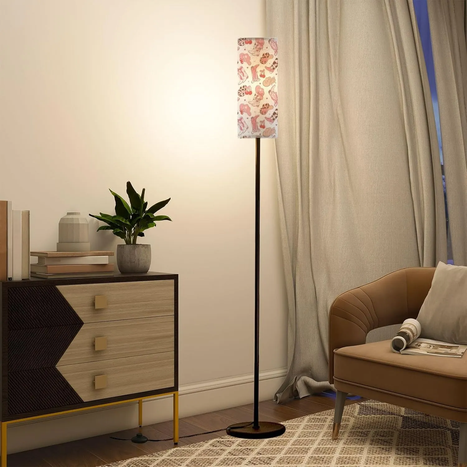 Modern Standing Lamps Coquette Pink Cowgirl Boots hat Seamless Girly Paper White Floor Lamp Metal Pole Lamp with Linen Lampshade for Bedroom Living Room Office Nursery Reading Foot Switch