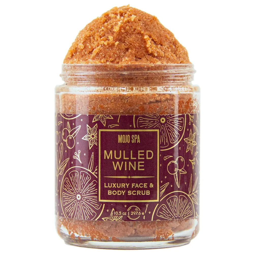 Mojo Spa Mulled Wine Luxury Face & Body Scrub | Sugar Plum, Mulberry, Cinnamon Scent | Moisturizing & Exfoliating Sugar Scrub | 8 oz