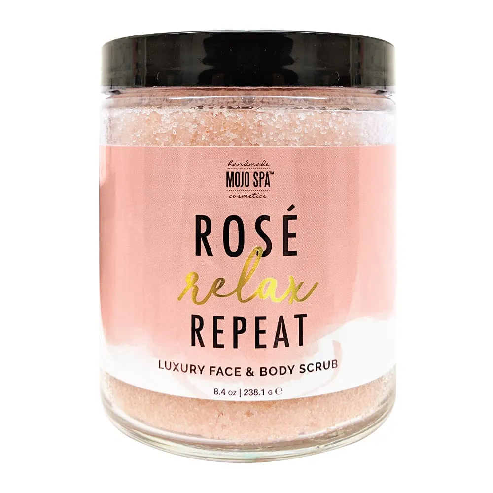 Mojo Spa Rosé Relax Repeat Luxury Face & Body Scrub | Floral, Citrus Scent | Moisturizing Himalayan Pink Sea Salt Exfoliator | 8.4 oz
