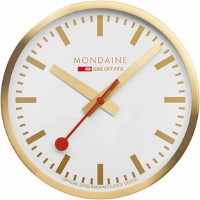 Mondaine - Wall Clock A995.Clock.17SBG 40cm - Official Swiss Railways Clock - Red Second Hand Gold Aluminium Casing - Dust Resistant Wall Clocks - Made in Switzerland