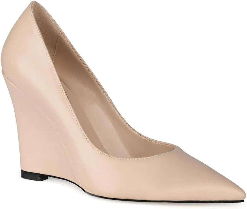 MOOMMO High Heel Wedge Pumps for Women Pointed Toe Slip On Matte Patent Leather Closed Toe 4 Inch Wedge Heels Dress Sandals Shoes Arch Support Comfortable for Office Ladies Party Wedding 4-12 M US