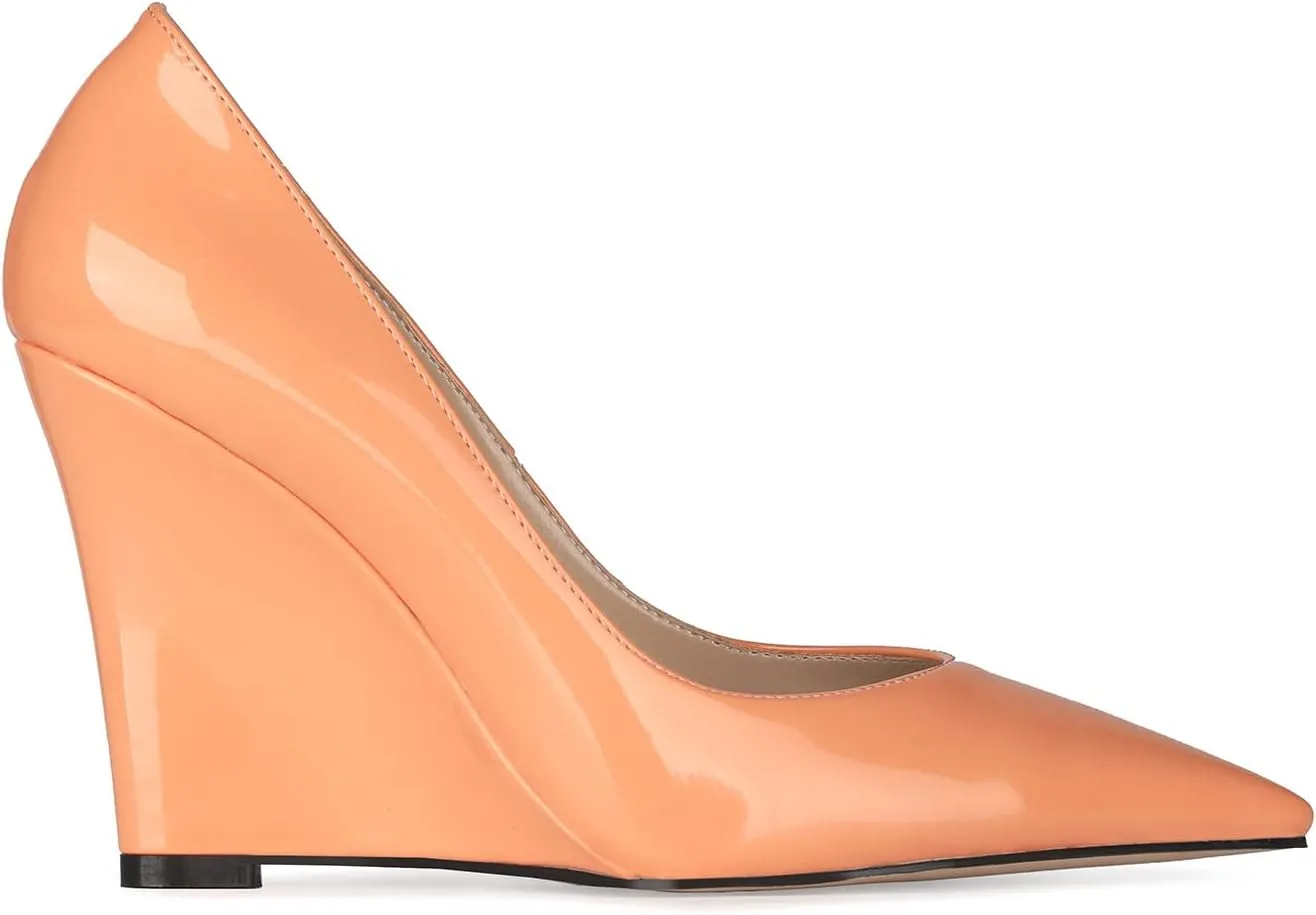 MOOMMO High Heel Wedge Pumps for Women Pointed Toe Slip On Matte Patent Leather Closed Toe 4 Inch Wedge Heels Dress Sandals Shoes Arch Support Comfortable for Office Ladies Party Wedding 4-12 M US