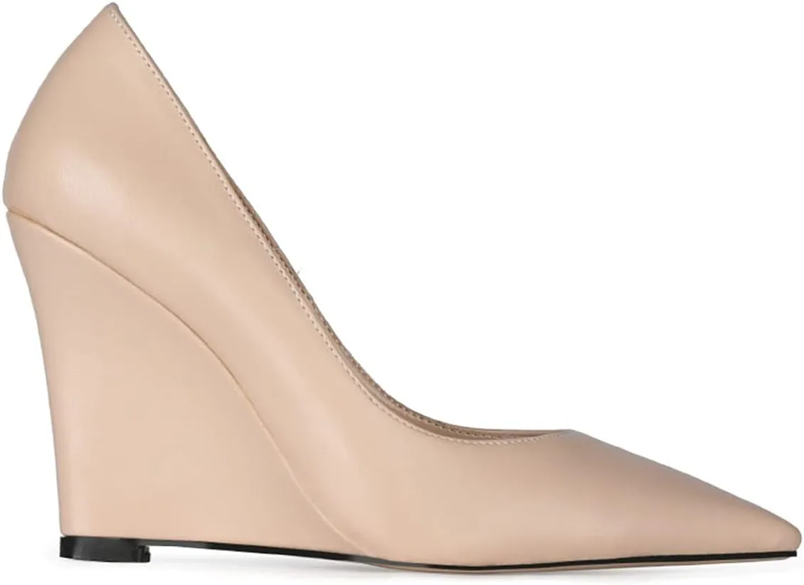 MOOMMO High Heel Wedge Pumps for Women Pointed Toe Slip On Matte Patent Leather Closed Toe 4 Inch Wedge Heels Dress Sandals Shoes Arch Support Comfortable for Office Ladies Party Wedding 4-12 M US