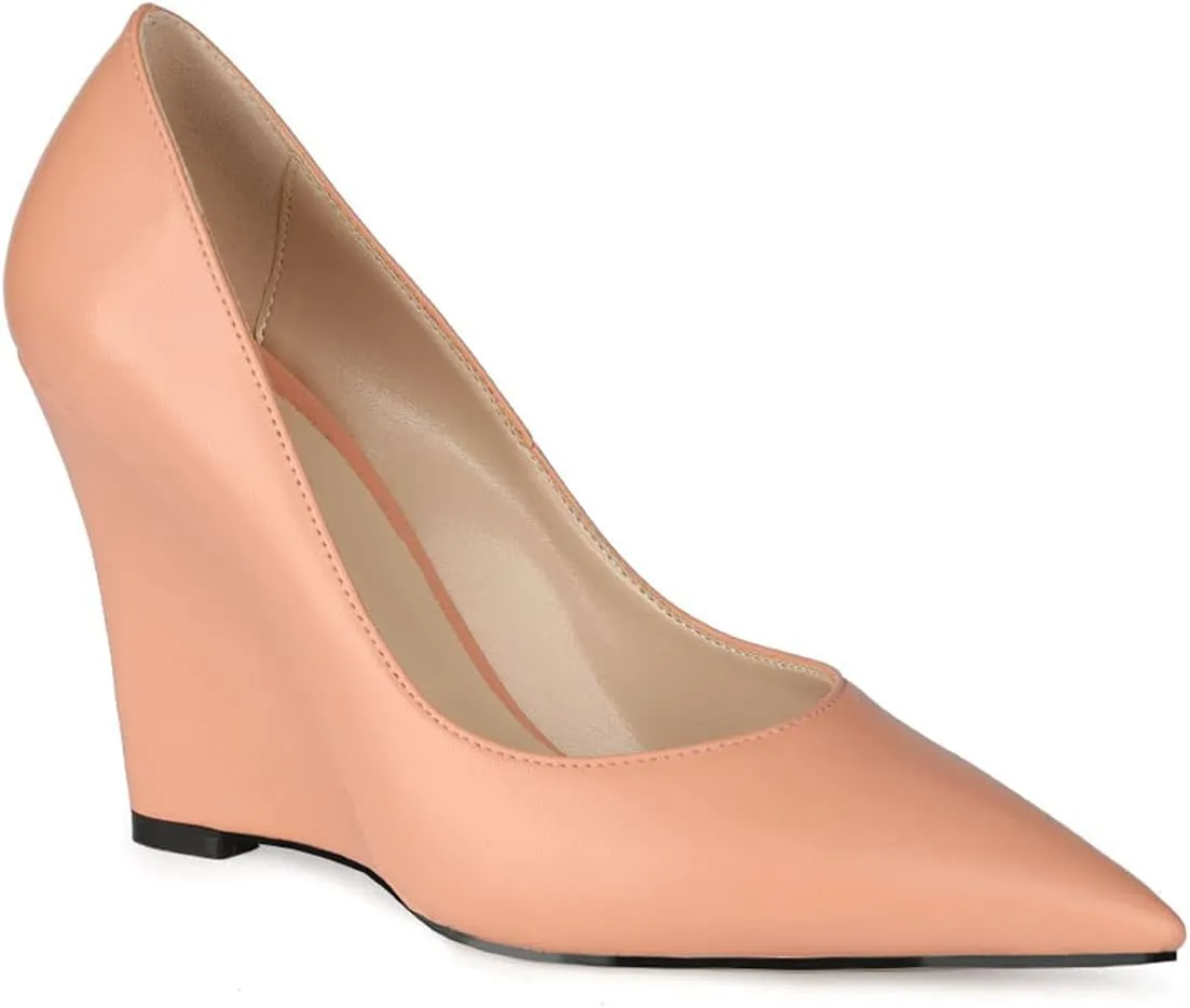 MOOMMO High Heel Wedge Pumps for Women Pointed Toe Slip On Matte Patent Leather Closed Toe 4 Inch Wedge Heels Dress Sandals Shoes Arch Support Comfortable for Office Ladies Party Wedding 4-12 M US