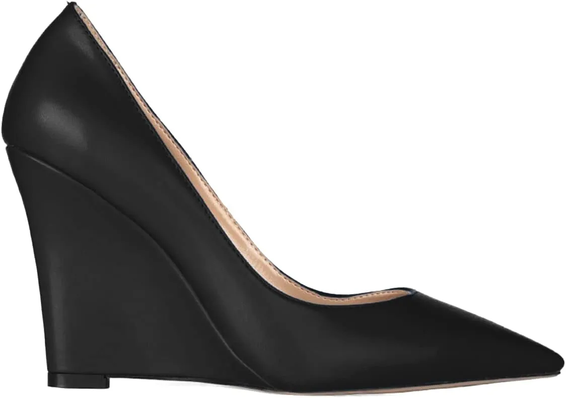 MOOMMO High Heel Wedge Pumps for Women Pointed Toe Slip On Matte Patent Leather Closed Toe 4 Inch Wedge Heels Dress Sandals Shoes Arch Support Comfortable for Office Ladies Party Wedding 4-12 M US