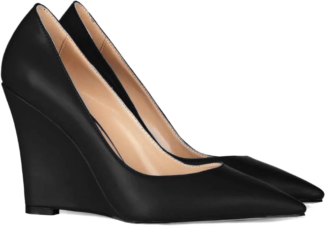 MOOMMO High Heel Wedge Pumps for Women Pointed Toe Slip On Matte Patent Leather Closed Toe 4 Inch Wedge Heels Dress Sandals Shoes Arch Support Comfortable for Office Ladies Party Wedding 4-12 M US
