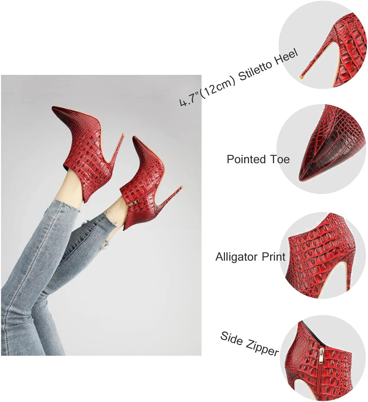 MOOMMO Vintage Pointed Toe Stiletto Heels Ankle Boots for Women Animal Print Side Zip 5 Inch High Heel Leopard Crocodile Boots Zipper Snakeskin Dress Boot Suede Booties Dressy Fashion Party 4-12 M US