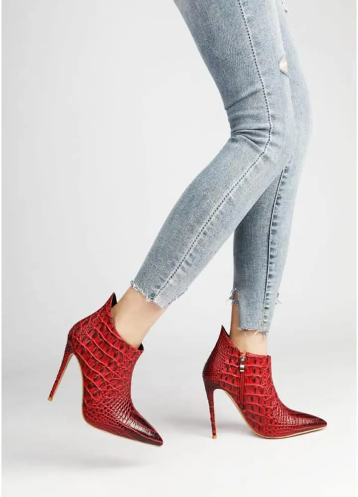 MOOMMO Vintage Pointed Toe Stiletto Heels Ankle Boots for Women Animal Print Side Zip 5 Inch High Heel Leopard Crocodile Boots Zipper Snakeskin Dress Boot Suede Booties Dressy Fashion Party 4-12 M US