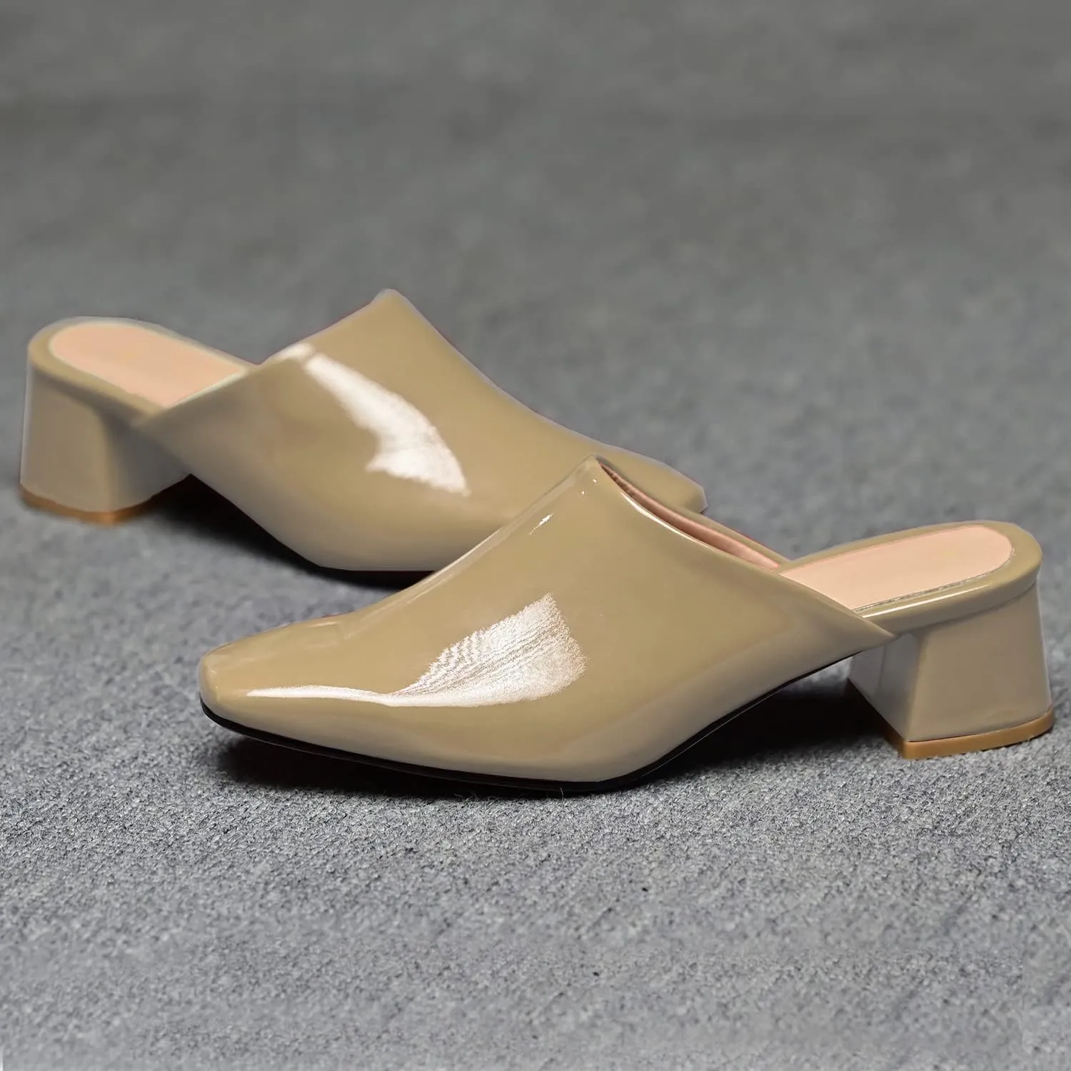 MOOMMO Women Chunky Heel Mules Closed Toe Square Toe Slip On Backless Pumps Mid Block Heel Office Casual Dress Shoes 5-17 US