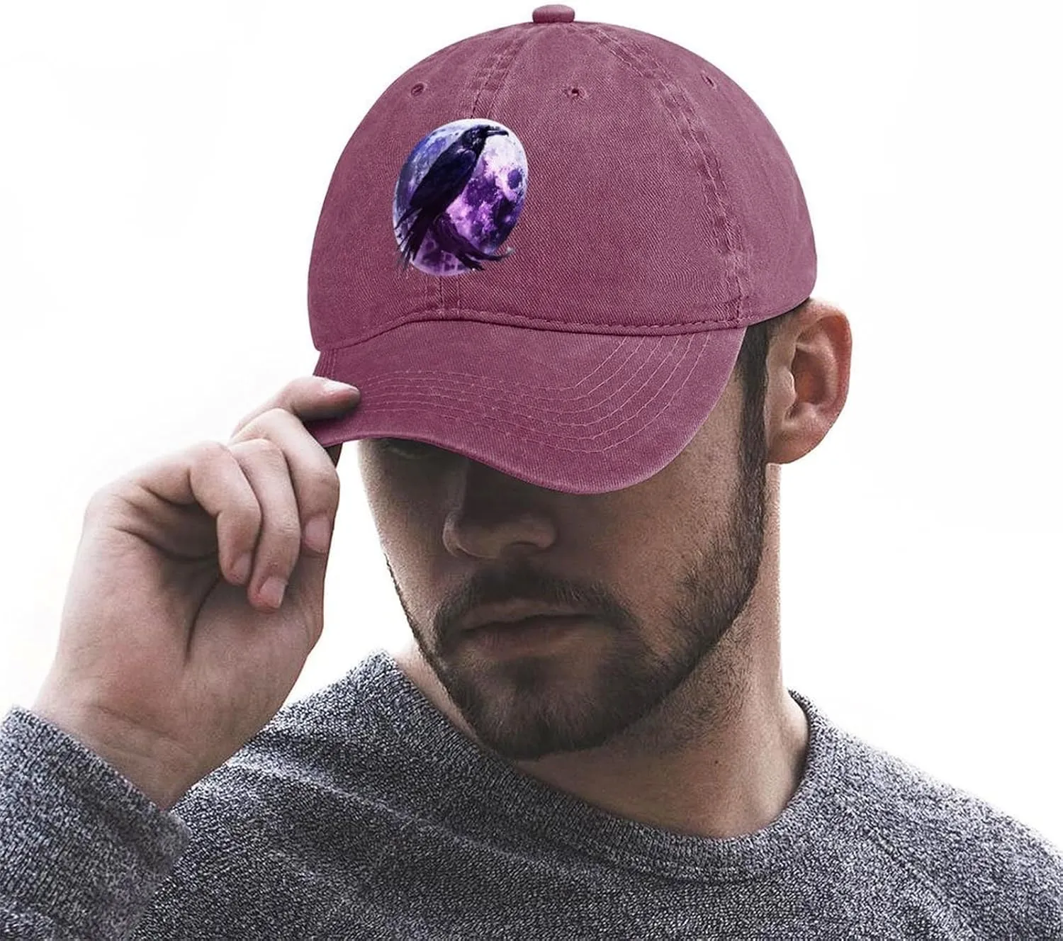 Moon and Raven Adjustable Baseball Cap Cotton Vintage Denim Sun Visor Dad Hat for Men Women