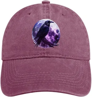 Moon and Raven Adjustable Baseball Cap Cotton Vintage Denim Sun Visor Dad Hat for Men Women