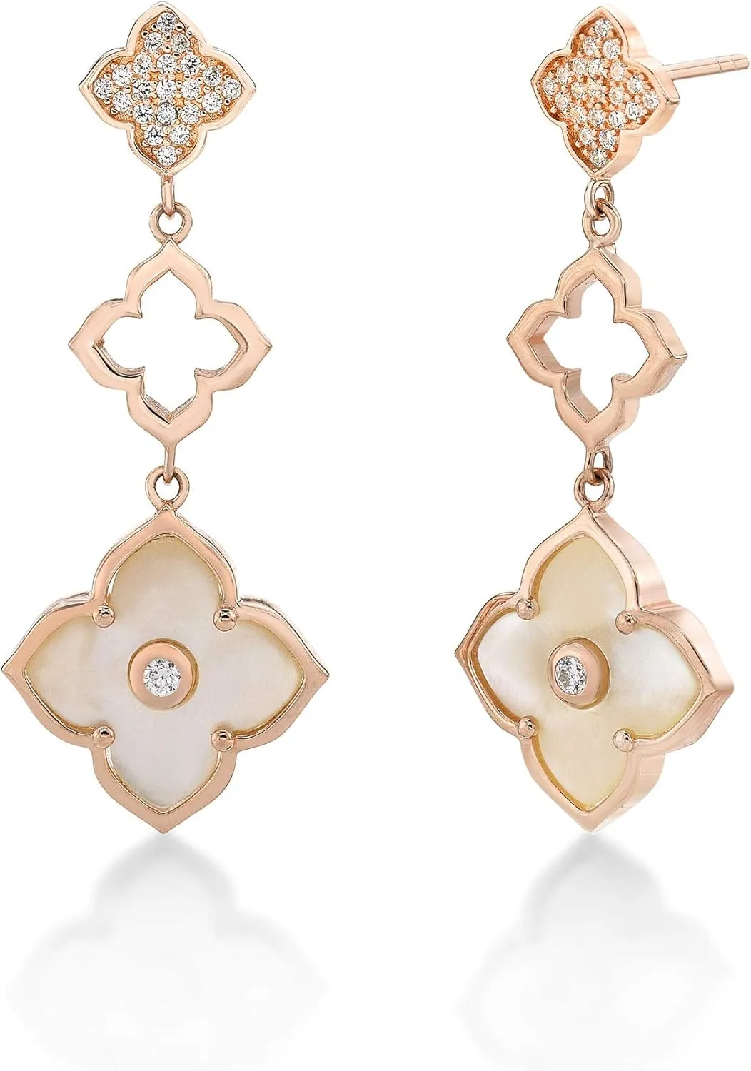 Mother of Pearl, Onyx, Malachite, Lapis Lazuli and Cubic Zirconia Three Flower Drop Dangle Earrings for Women I Gold Plated 925 Sterling Silver Earrings for Her I Push Back by Lavari Jewelers