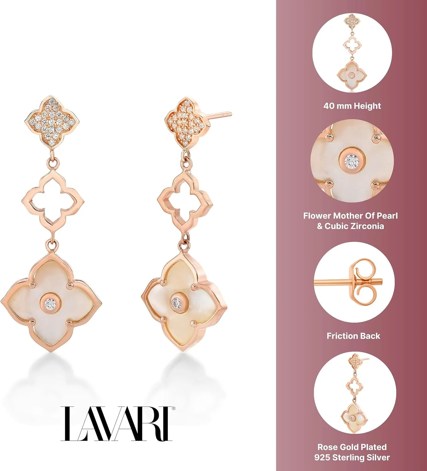 Mother of Pearl, Onyx, Malachite, Lapis Lazuli and Cubic Zirconia Three Flower Drop Dangle Earrings for Women I Gold Plated 925 Sterling Silver Earrings for Her I Push Back by Lavari Jewelers